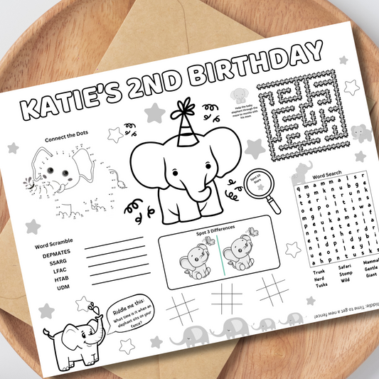 Elephant Editable Activity Placemat, Cute Elephant Birthday Activity Page Template Black & White
