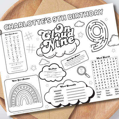 Cloud 9 Themed Editable Activity Placemat Template Black & White