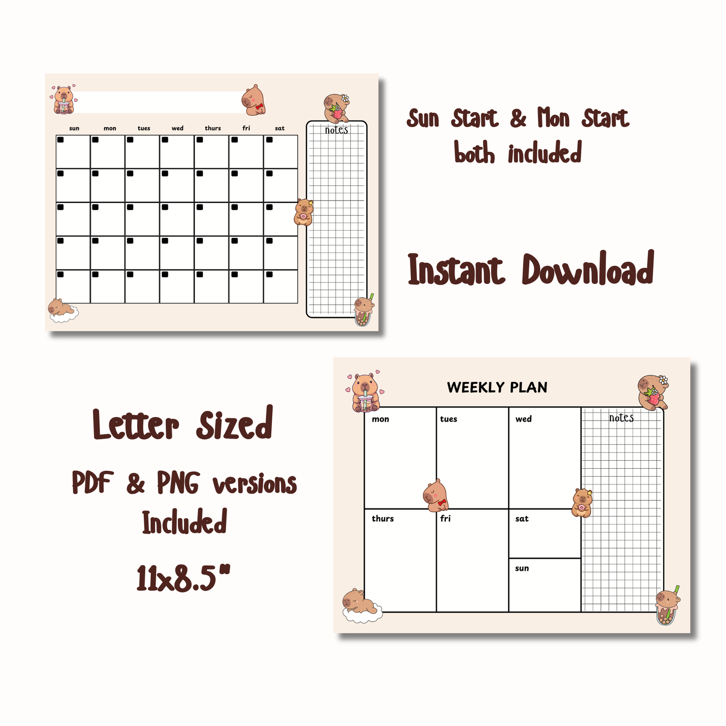 Kawaii Capybara Planner Set: Monthly Calendar, Weekly Calendar, & Memo Notes | Printable | Instant Download