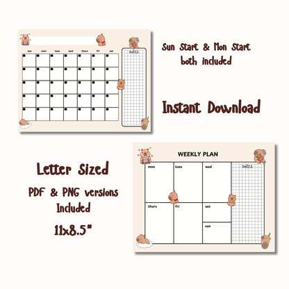 Kawaii Capybara Planner Set: Monthly Calendar, Weekly Calendar, & Memo Notes | Printable | Instant Download