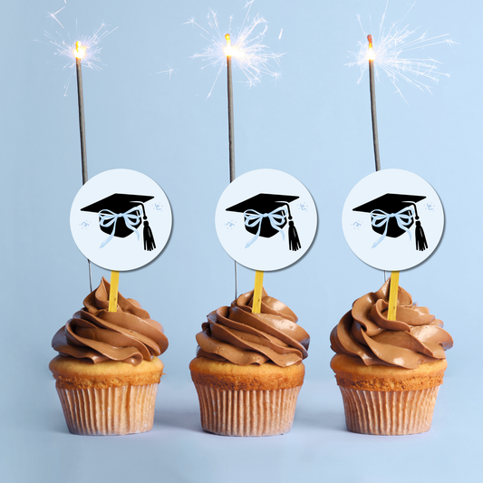 Blue Coquette Graduation Cap Cupcake Toppers: Class of 2026 Graduate Cake Topper Template (Instant Download)