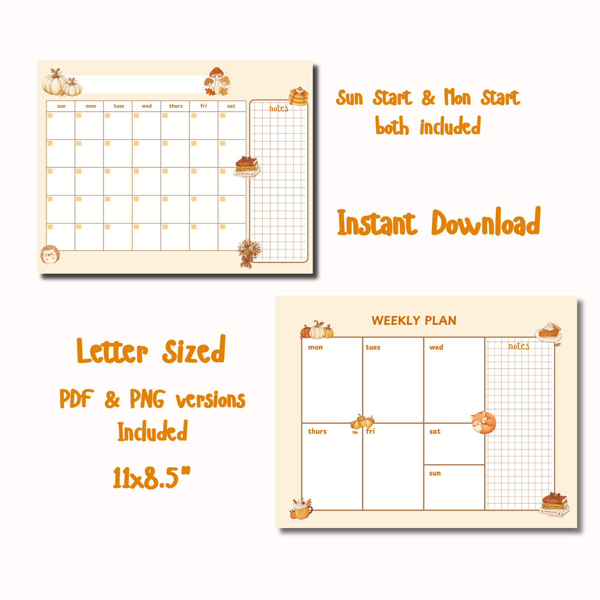 Pumpkin Season Digital Planner Set | Undated Calendar, Weekly Planner & Memo Notes