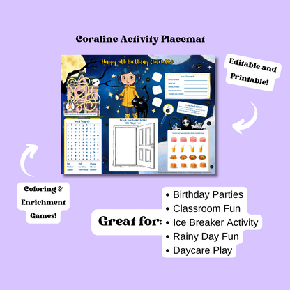 Coraline Activity Placemat Editable Template, Digital Download In Color