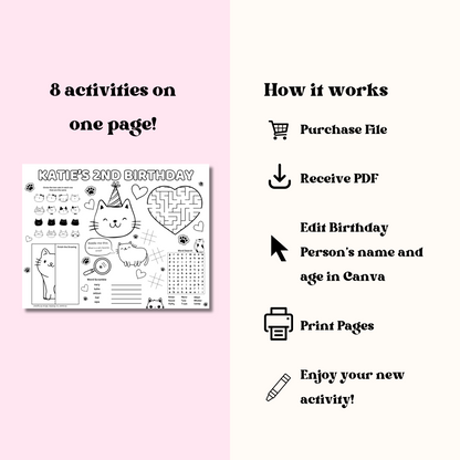 Cat Editable Activity Placemat, Kitty Cat Birthday Activity Page Template Black and White