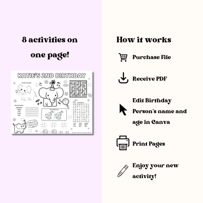 Elephant Editable Activity Placemat, Cute Elephant Birthday Activity Page Template Black & White