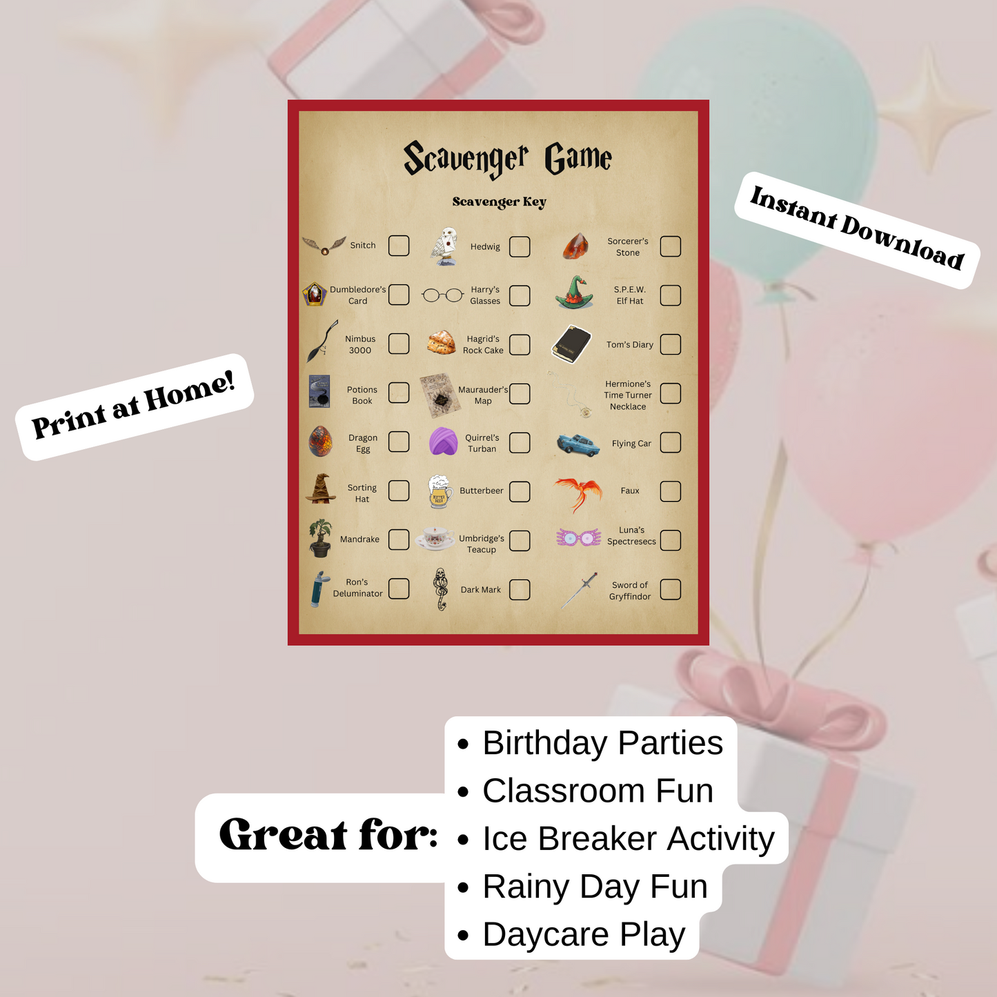 Magical Wizarding Scavenger Hunt Game, Potter Parody Birthday Party Game, Wizard Activity