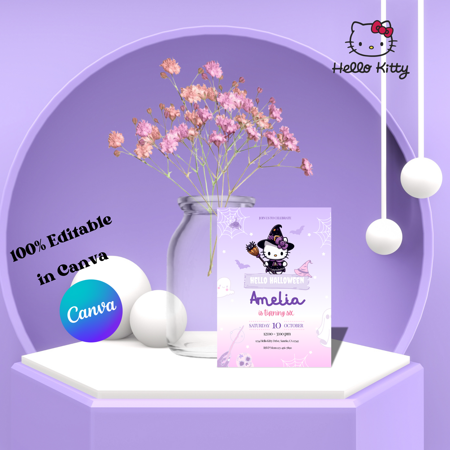 Hello Halloween Kitty Birthday Invitation, Editable Template, Instant Download 5x7