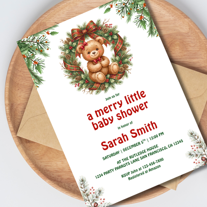 Merry Little Baby Shower Christmas Teddy Bear Invitation – Editable Canva Template