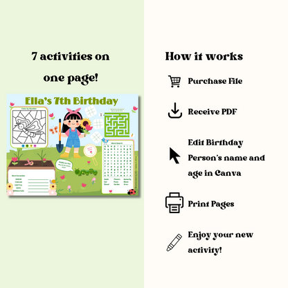 Garden Editable Activity Placemat, Kids Garden Birthday Activity Page Template in Color