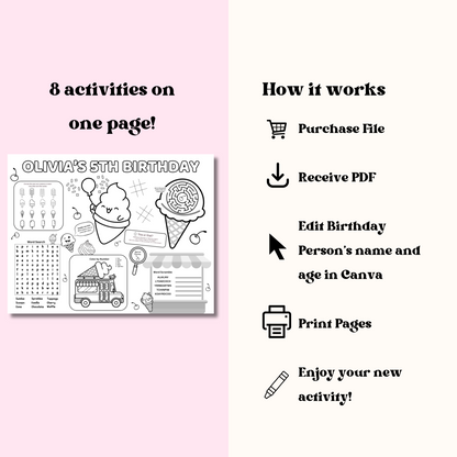 Ice Cream Themed Editable Activity Placemat, Kids Ice Cream Birthday Activity Page Template Black & White