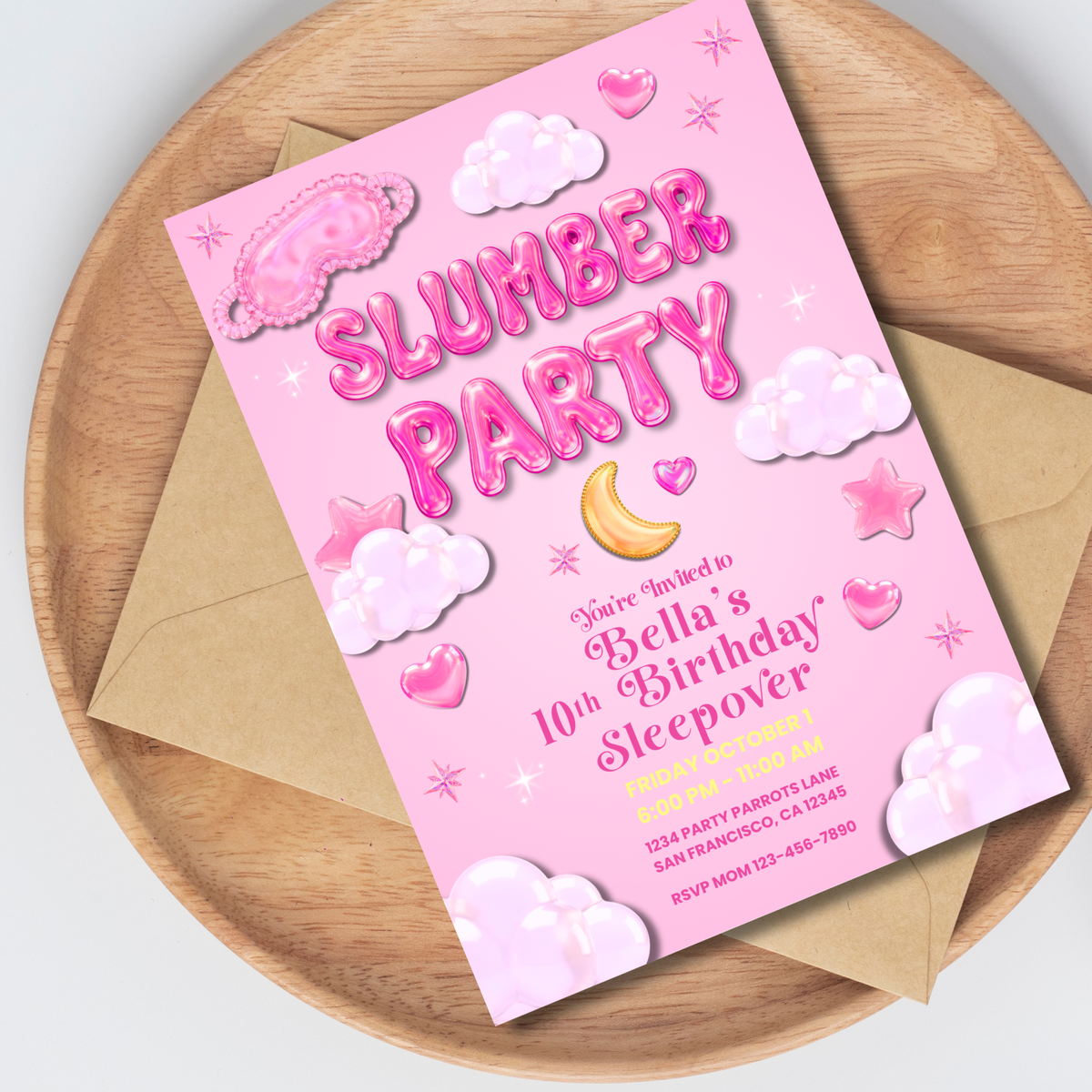 Slumber Party Glass Jelly Bubble Letters Sleepover Birthday Invitation | Editable Canva Template (Copy)