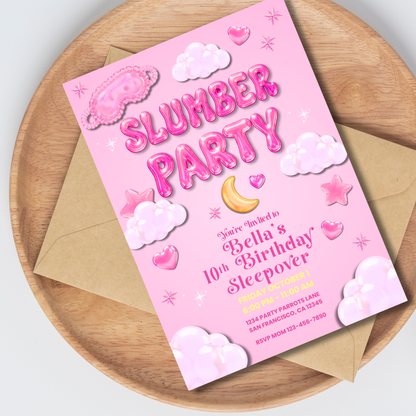 Slumber Party Glass Jelly Bubble Letters Sleepover Birthday Invitation | Editable Canva Template (Copy)