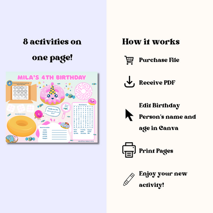 Donut Editable Activity Placemat, Cute Donut Birthday Activity Page Template in Color