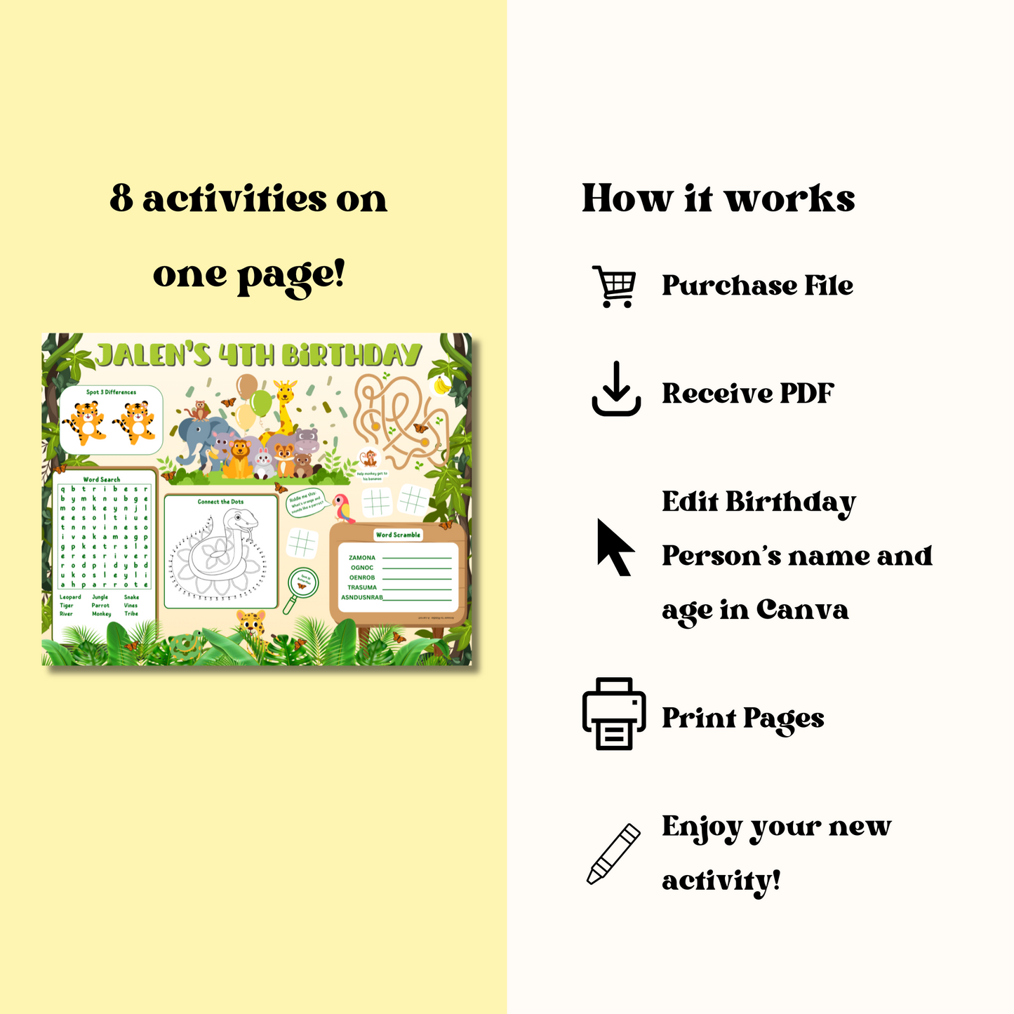 Jungle Activity Placemat, Printable Activity Sheet, Wild Animals Safari Party Game for Kids, Digital Download In Color