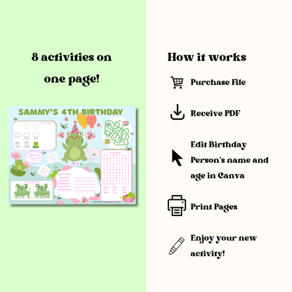Frog Editable Activity Placemat, Kids Firefighter Birthday Activity Page Template in Color