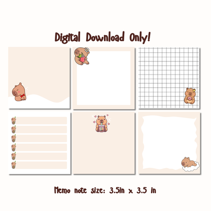 Kawaii Capybara Planner Set: Monthly Calendar, Weekly Calendar, & Memo Notes | Printable | Instant Download