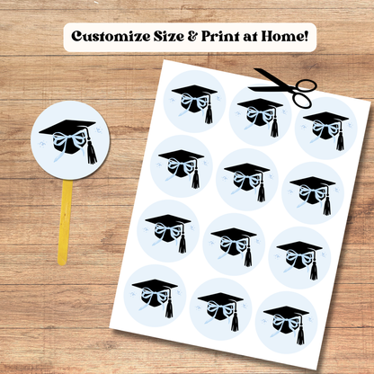 Blue Coquette Graduation Cap Cupcake Toppers: Class of 2026 Graduate Cake Topper Template (Instant Download)