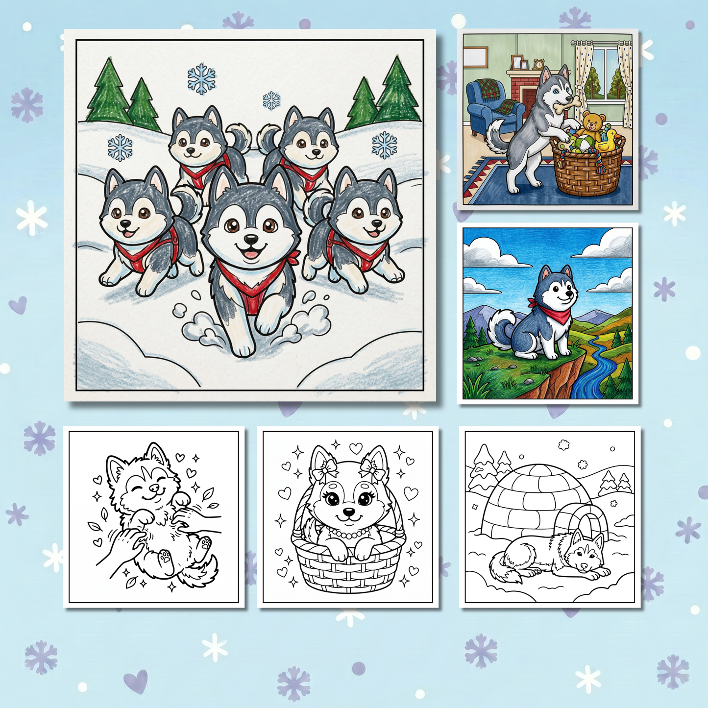 Kawaii Husky: Cozy & Cute Snow Dogs & Puppies Coloring Book