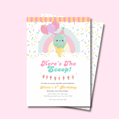 Ice Cream Birthday Invitation, Editable Summer Birthday Sweet Invite, Here's the Scoop Cone Printable Digital Template, Instant Download