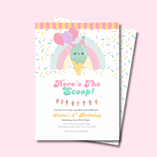 Ice Cream Birthday Invitation, Editable Summer Birthday Sweet Invite, Here's the Scoop Cone Printable Digital Template, Instant Download