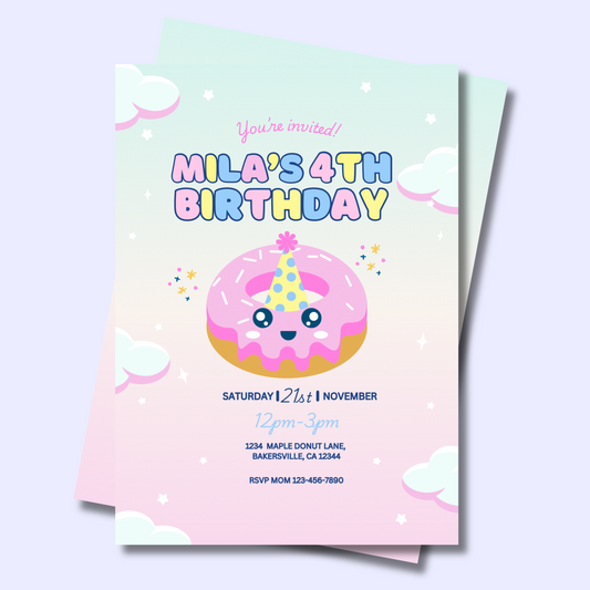Donut Birthday Invitation, Kawaii Donut Party Invite, Editable Donut Invitation Template, Kid’s Donuts Birthday, Instant Download