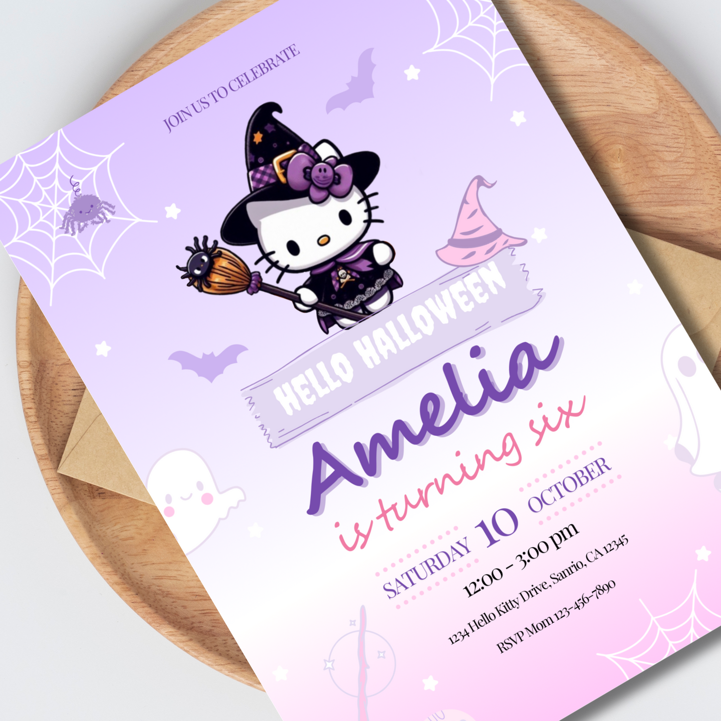 Hello Halloween Kitty Birthday Invitation, Editable Template, Instant Download 5x7