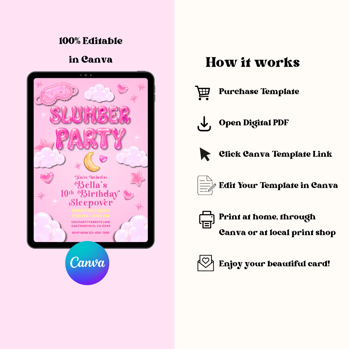 Slumber Party Glass Jelly Bubble Letters Sleepover Birthday Invitation | Editable Canva Template (Copy)