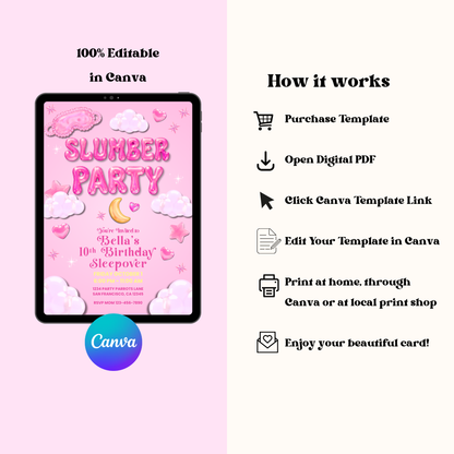 Slumber Party Glass Jelly Bubble Letters Sleepover Birthday Invitation | Editable Canva Template (Copy)