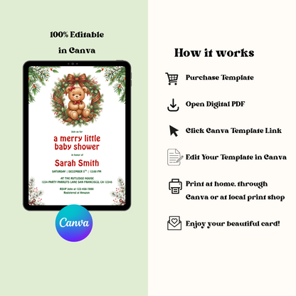 Merry Little Baby Shower Christmas Teddy Bear Invitation – Editable Canva Template