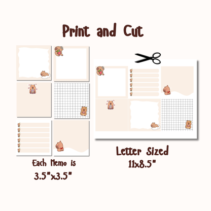 Kawaii Capybara Planner Set: Monthly Calendar, Weekly Calendar, & Memo Notes | Printable | Instant Download