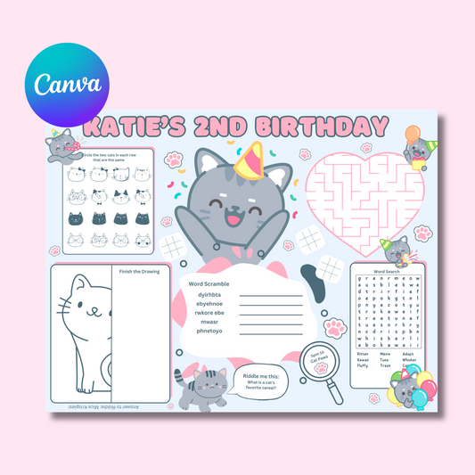 Cat Editable Activity Placemat, Kitty Cat Birthday Activity Page Template in Color