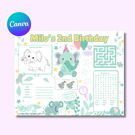 Elephant Editable Activity Placemat, Cute Elephant Birthday Activity Page Template in Color