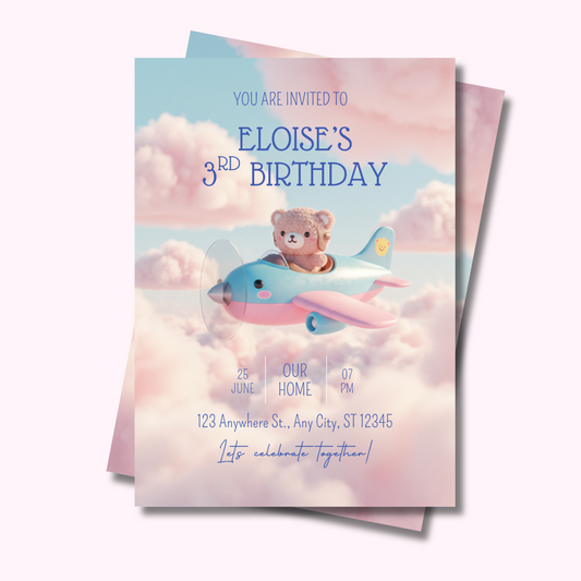 Airplane Kawaii Bear Pilot Birthday Invitation, Editable Invite, Instant Download 5x7