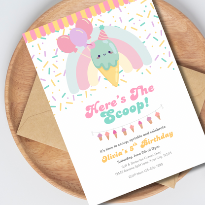 Ice Cream Birthday Invitation, Editable Summer Birthday Sweet Invite, Here's the Scoop Cone Printable Digital Template, Instant Download