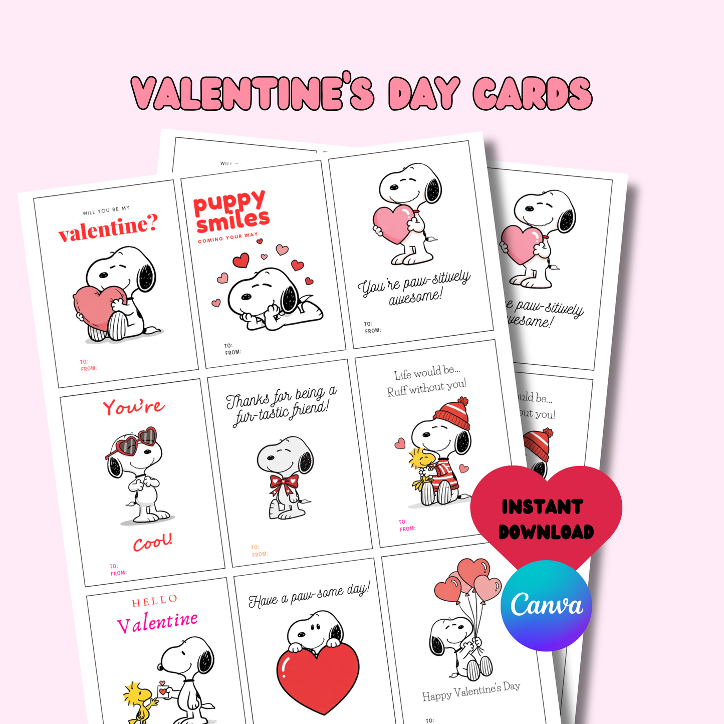 Snoopy Valentine Cards, Printable Classroom Valentines (Instant Download)