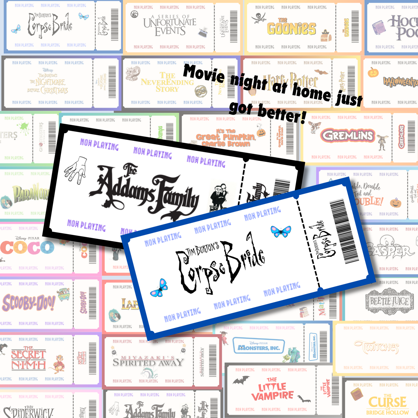 Halloween Dinner and a Movie Night Tickets, 30+ Halloween Movie Night Coupons for Family Movie Night, Kid Friendly Editable Tickets