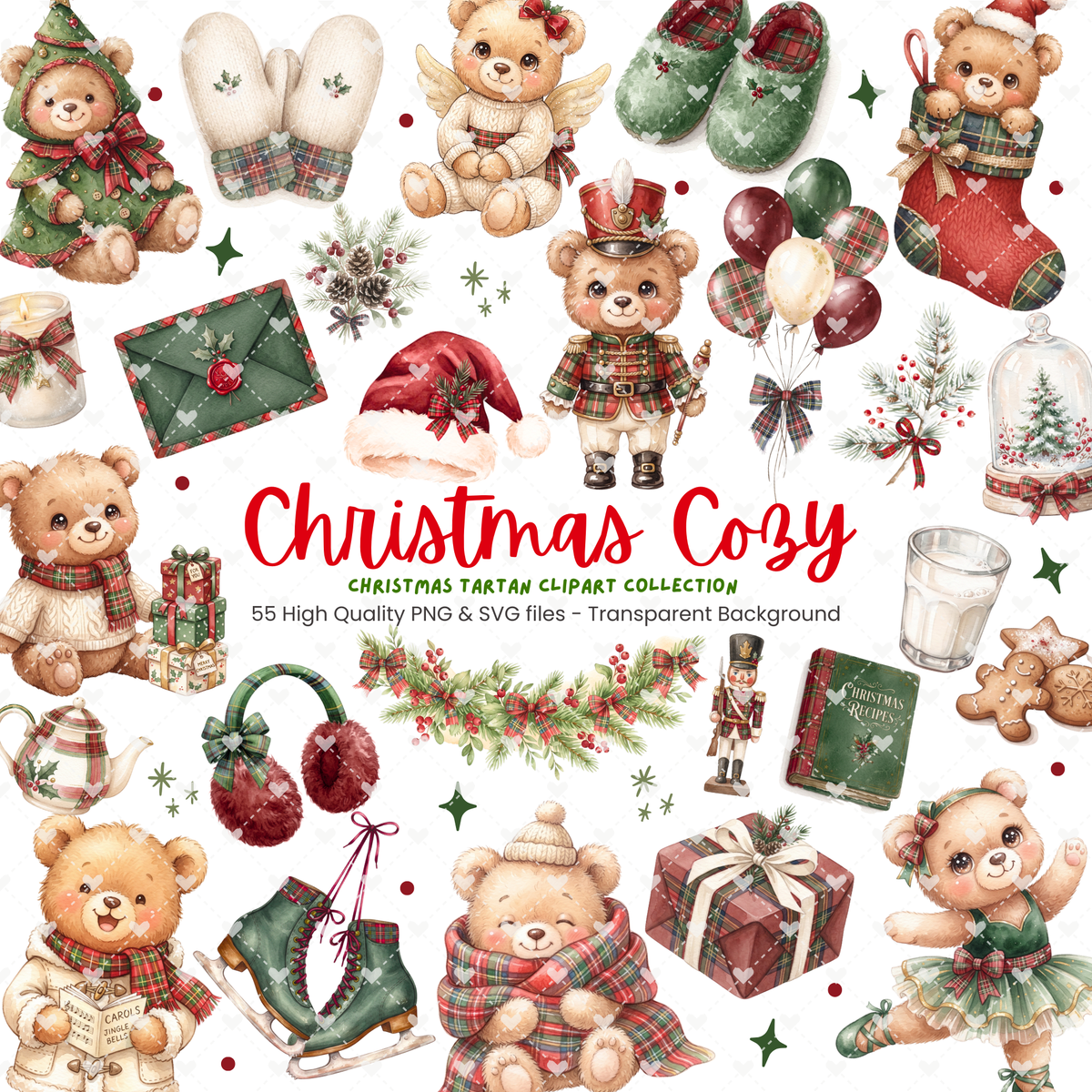 Christmas Cozy Tartan Teddy Bears Clipart Bundle | 55 Christmas PNG & SVG Designs