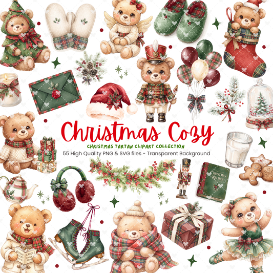 Christmas Cozy Tartan Teddy Bears Clipart Bundle | 55 Christmas PNG & SVG Designs