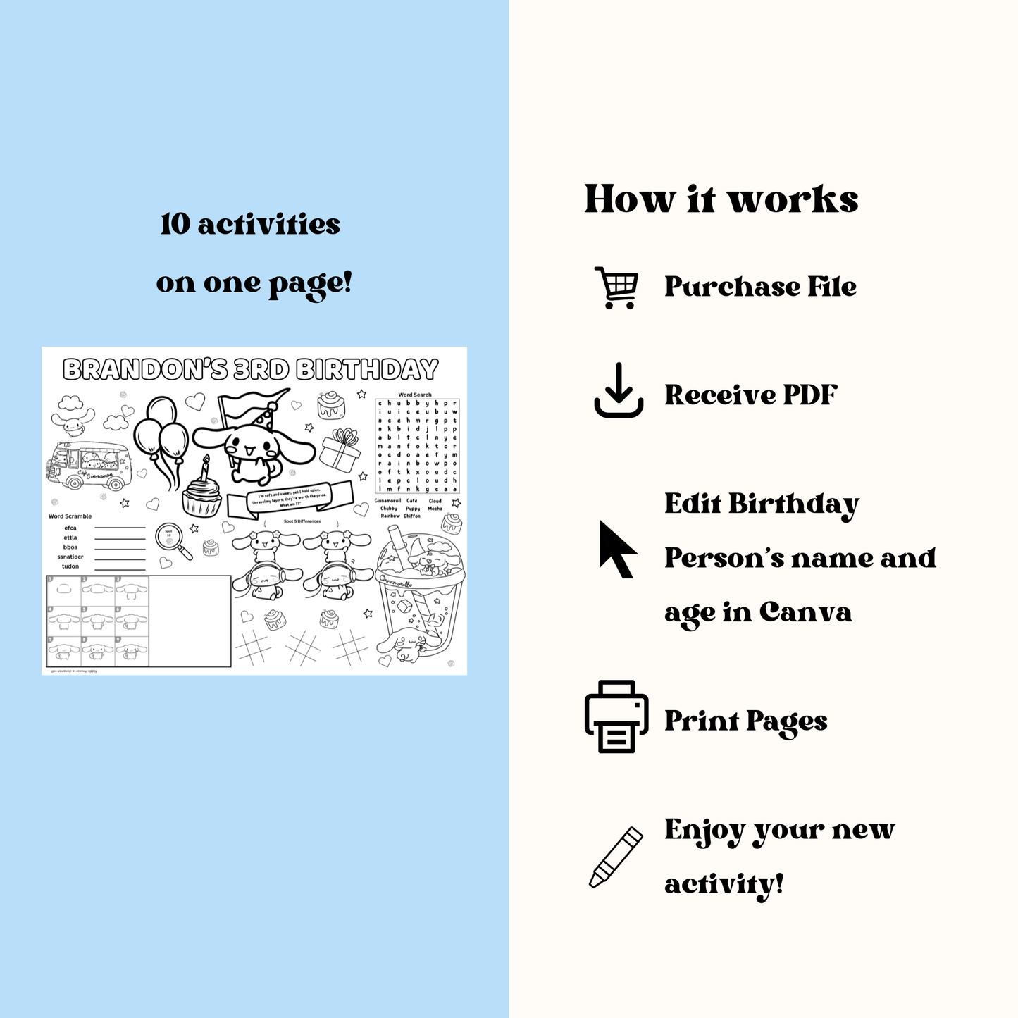 Cinnamoroll Activity Placemat Printable