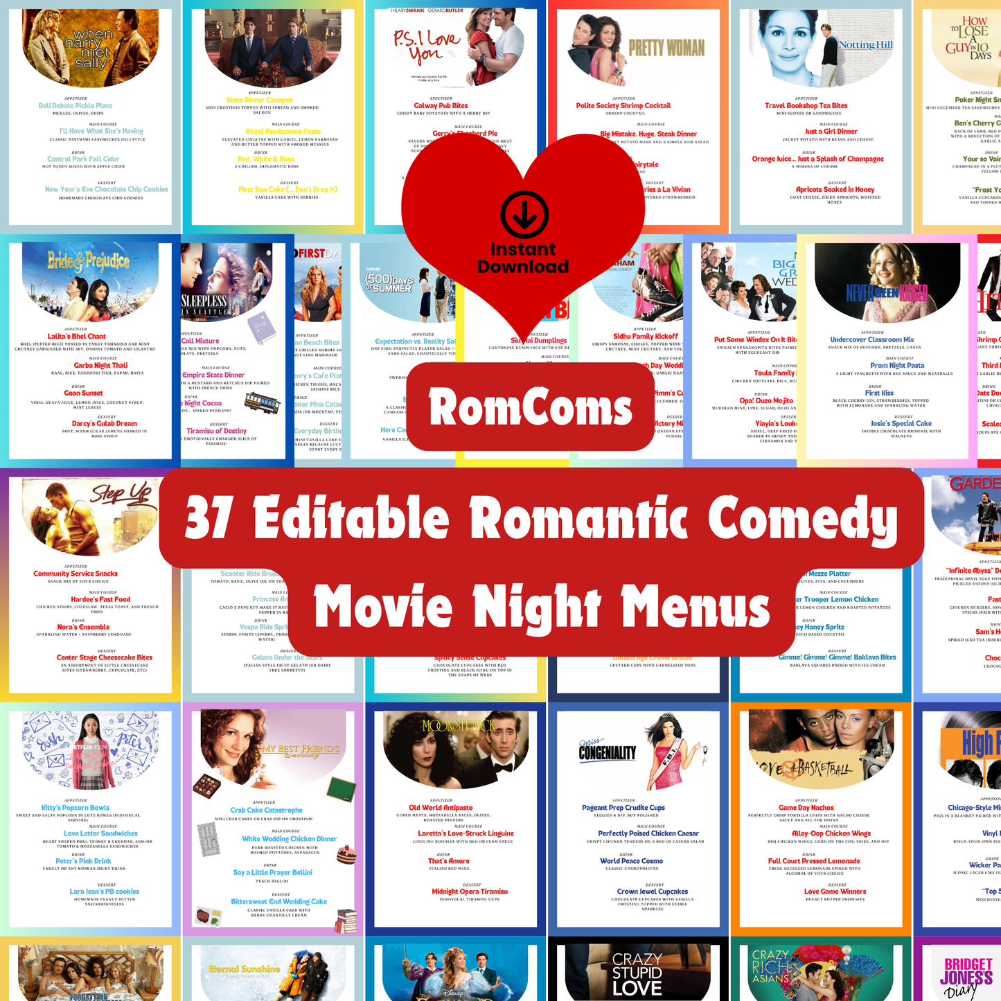 Romantic Comedy Movie Night Menus: 30+ Editable RomCom Date Night Menu Ideas (Printable Canva Template)