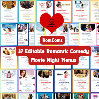 Romantic Comedy Movie Night Menus: 30+ Editable RomCom Date Night Menu Ideas (Printable Canva Template)
