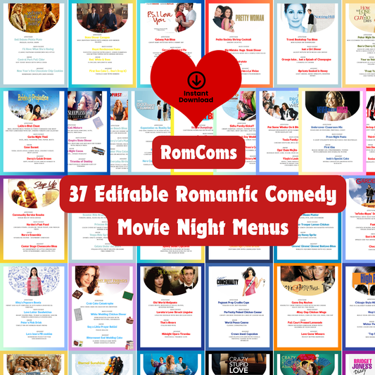 Romantic Comedy Movie Night Menus: 30+ Editable RomCom Date Night Menu Ideas (Printable Canva Template)