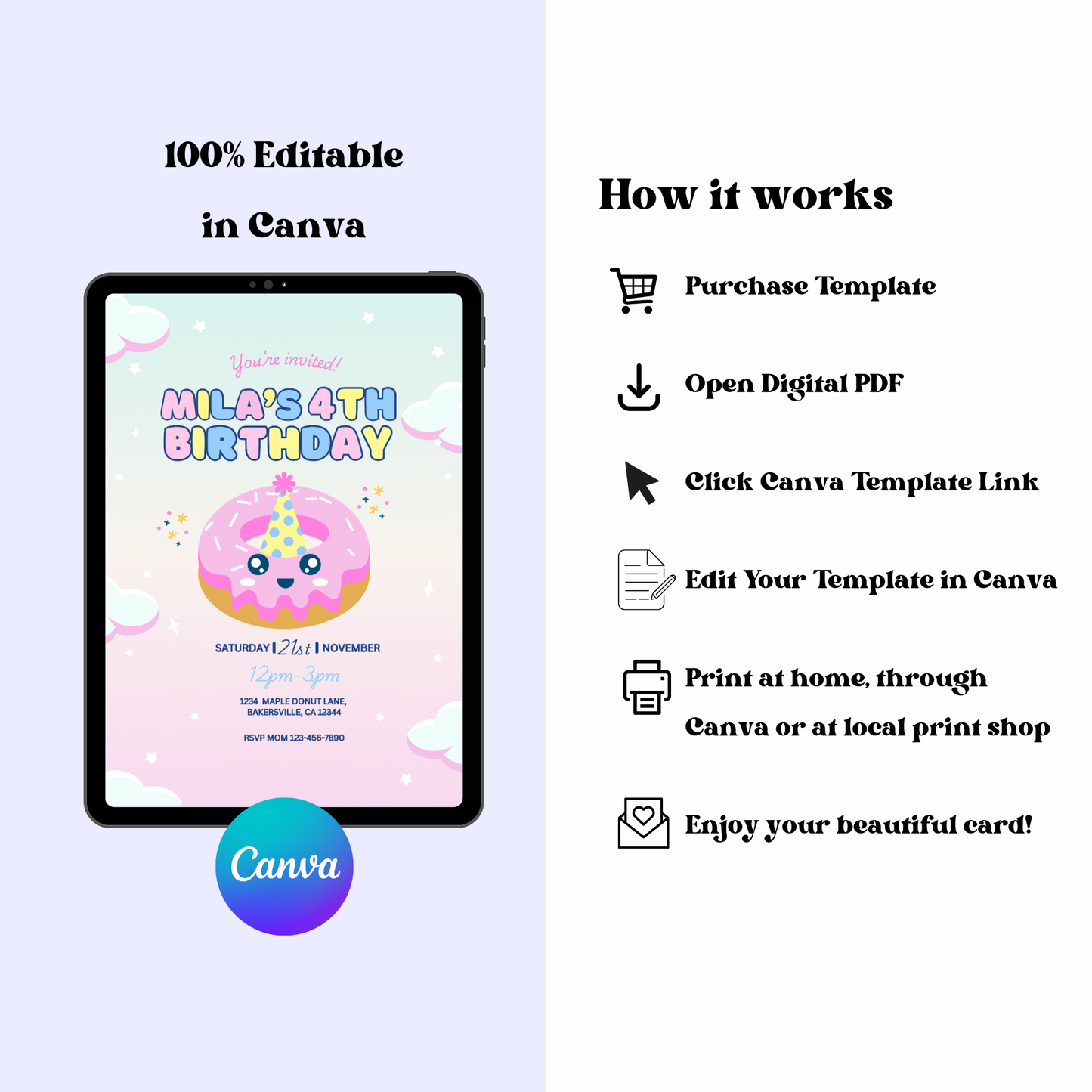 Donut Birthday Invitation, Kawaii Donut Party Invite, Editable Donut Invitation Template, Kid’s Donuts Birthday, Instant Download