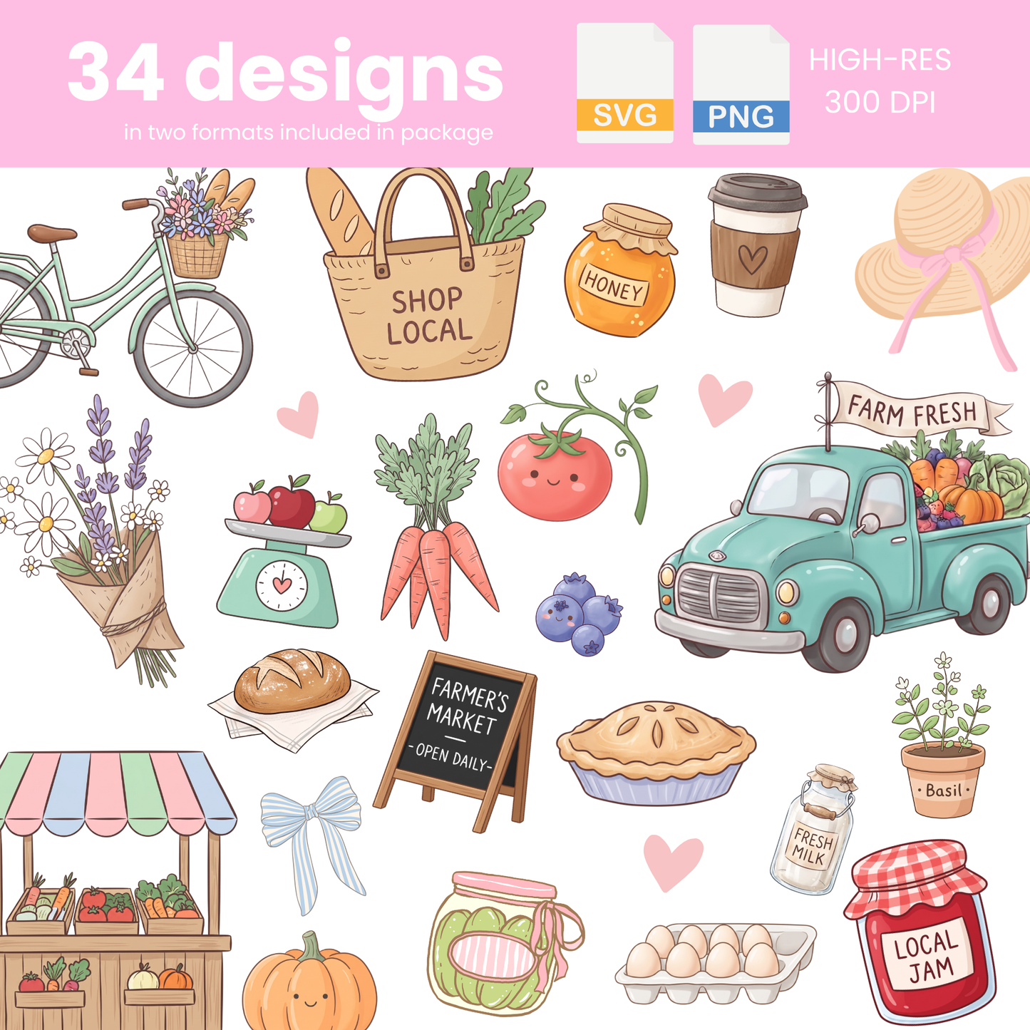 Farmer’s Market Clipart Bundle | 34 Girly Local Farm Fresh Produce PNG & SVG Digital Files