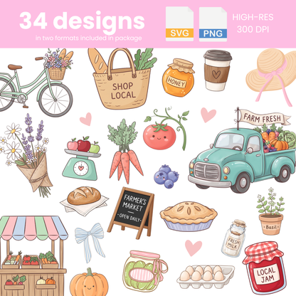 Farmer’s Market Clipart Bundle | 34 Girly Local Farm Fresh Produce PNG & SVG Digital Files
