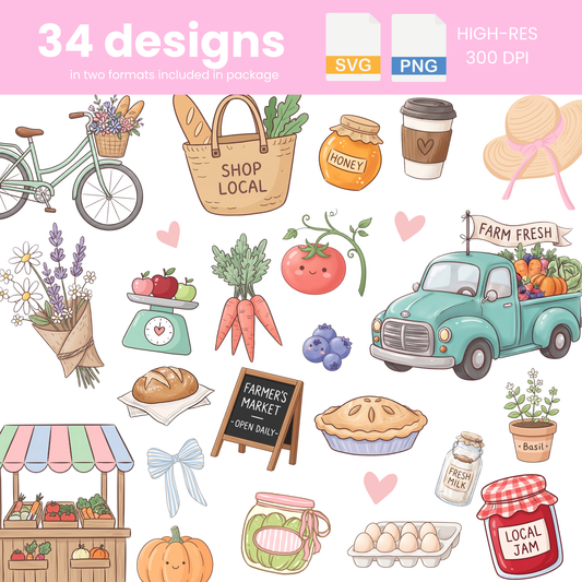 Farmer’s Market Clipart Bundle | 34 Girly Local Farm Fresh Produce PNG & SVG Digital Files
