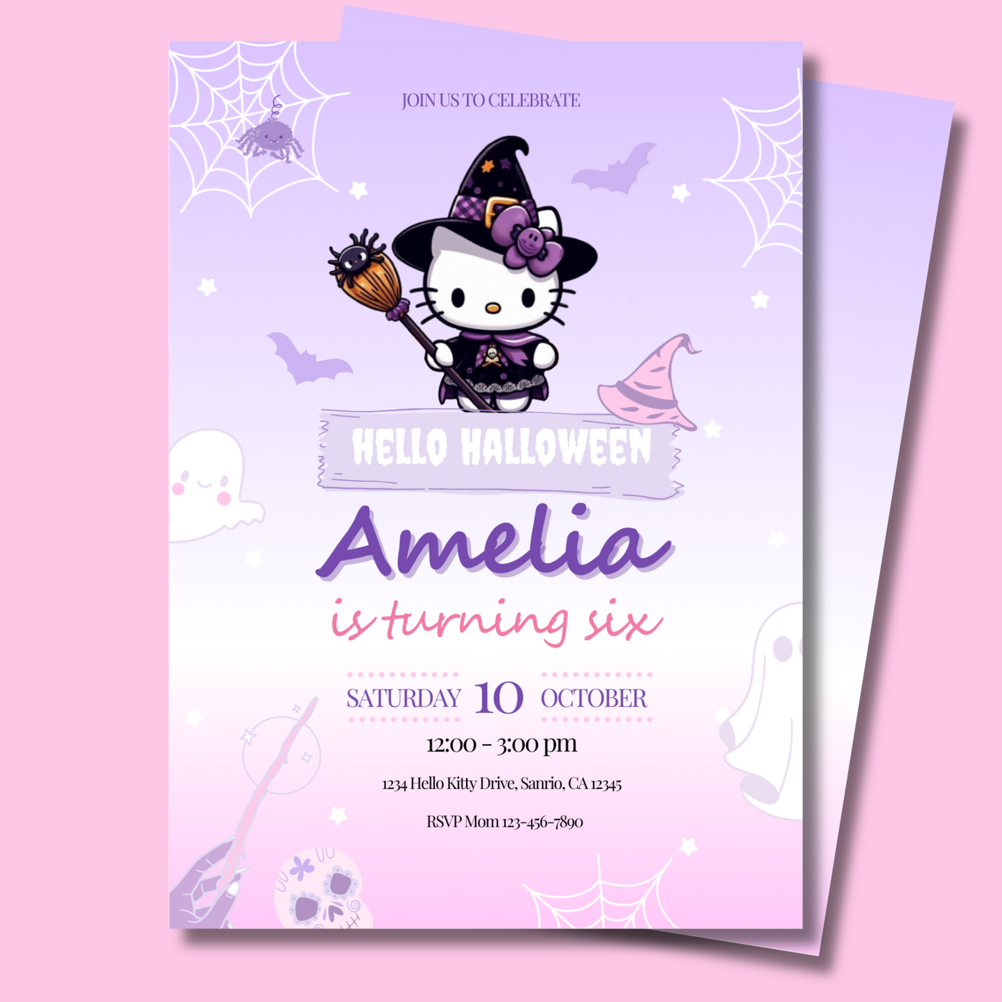 Hello Halloween Kitty Birthday Invitation, Editable Template, Instant Download 5x7
