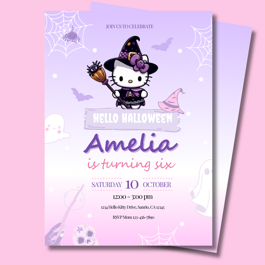 Hello Halloween Kitty Birthday Invitation, Editable Template, Instant Download 5x7