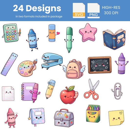 Kawaii School Supplies Clipart Bundle | PNG & SVG Digital Files for Cricut, Stickers & DIY Crafts