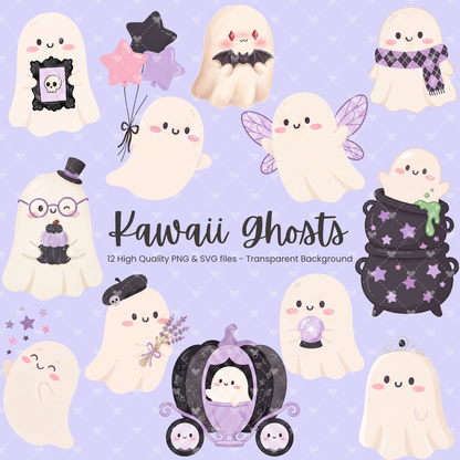 Cute Halloween Ghosts Clipart Bundle | 12 Pastel Ghosts PNG & SVG Digital Files